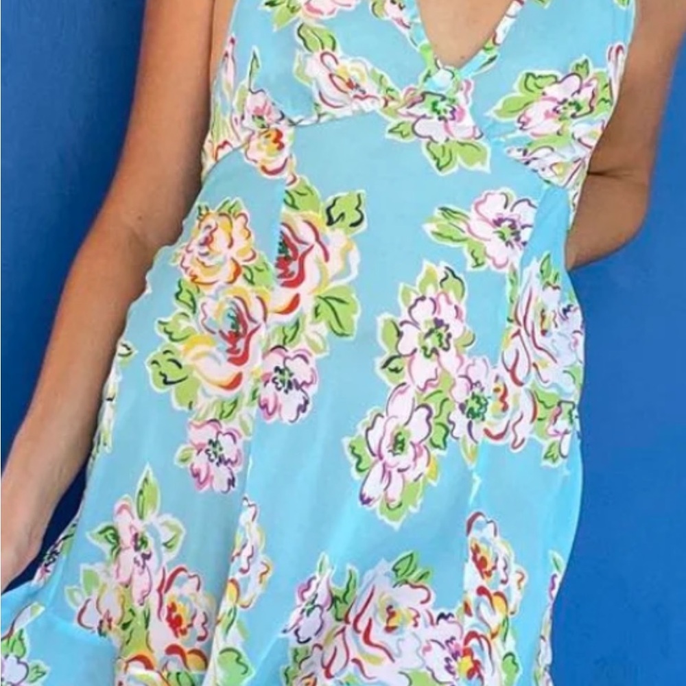 Source Unknown Blue Floral Backless Dress